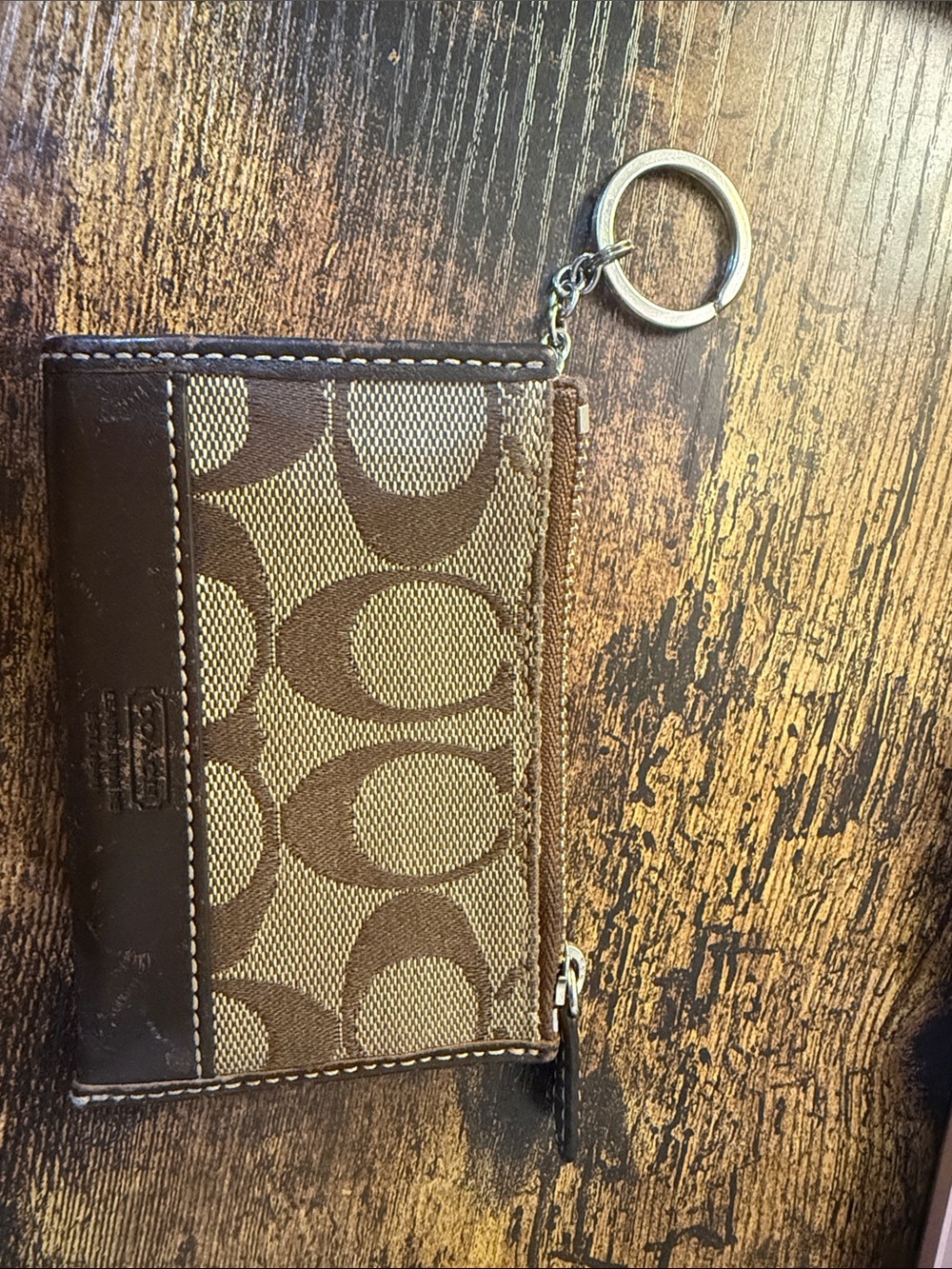Coach Brown Signature Canvas Zip Card Case Key Ring